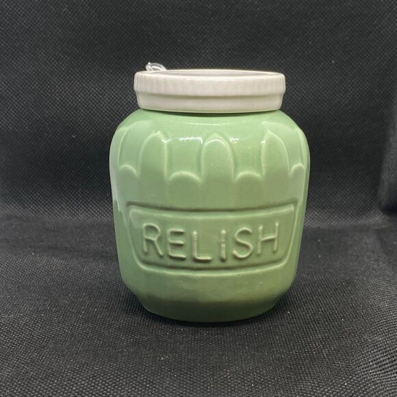 ceramic relish jar with lid and spoon green vintage style cute small retro kitch - Picture 1 of 12